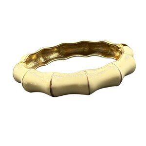Vintage Cream Bamboo-Style Hinged Bangle Bracelet With Gold Tone Accents
